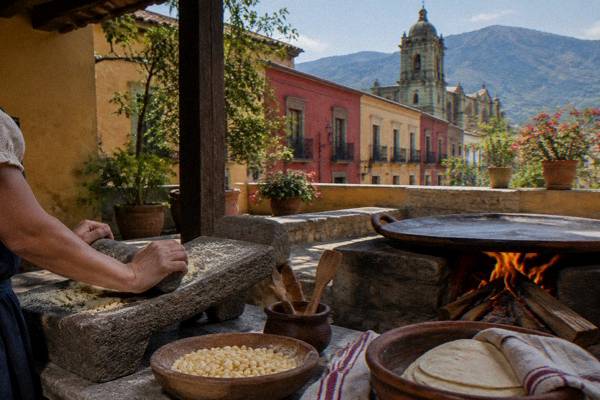 Cooking class table with a stone metate and ingredients